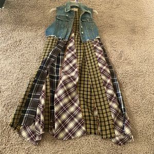 Long jean jacket vest featuring plaid patterns